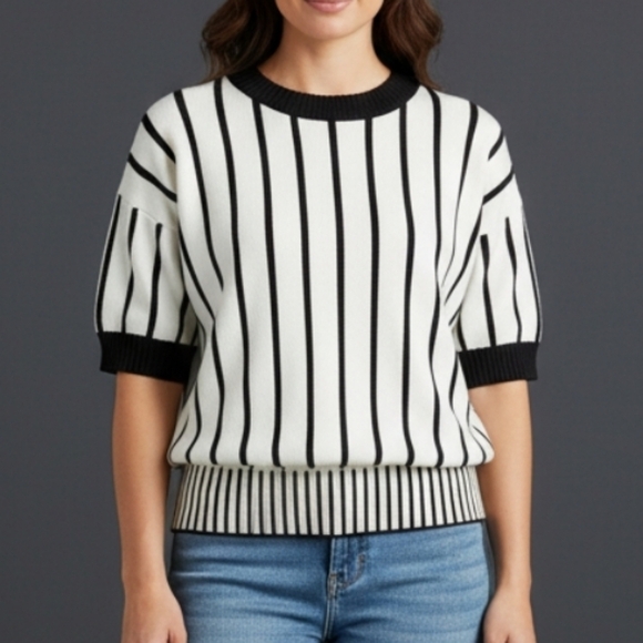 Philosophy Sweaters - PHILOSOPHY Vertical Striped Black and White Blouson Short Sleeve Sweater Top
